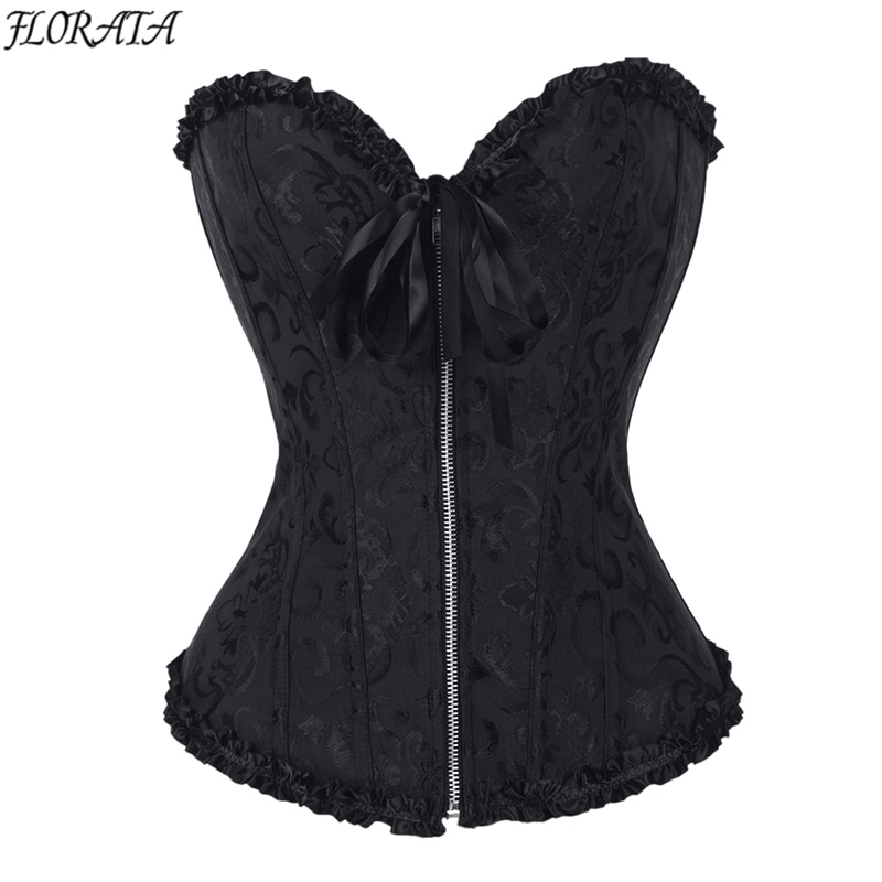 New Black Corsets And Bustiers Sexy Corset Waist Trainer With Zipper Floral Tight Lacing Lady  Corsets Top Overbust Bustier