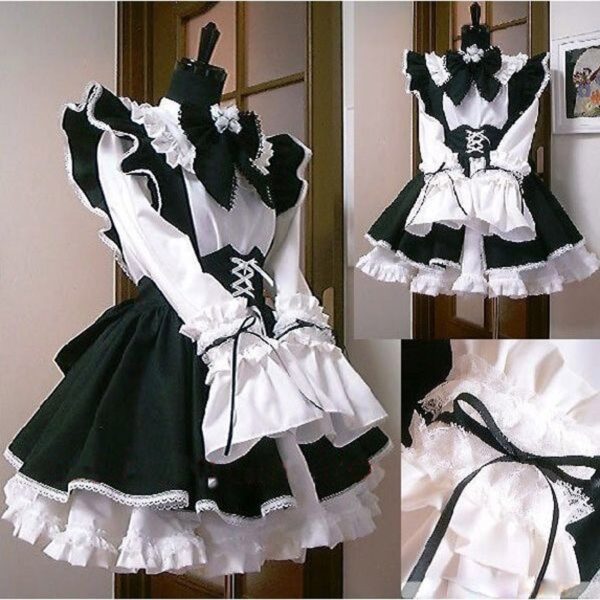 Halloween Frauen Männer Cosplay Kostüm Maid Kleid Schürze Cafe Servnat Lolita Retro Sexy Spitze Geraffte Puff Hülse Bogen Bodydoll Kleid