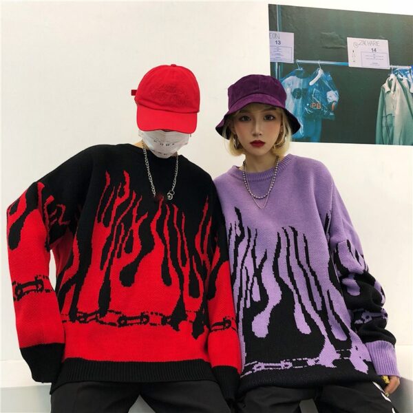 Herbst Winter Harajuku Flamme Stricken Batwing Ärmel Pullover Beiläufige Lange Frauen Flut Gedruckt Pullover Lose Freund Pullover