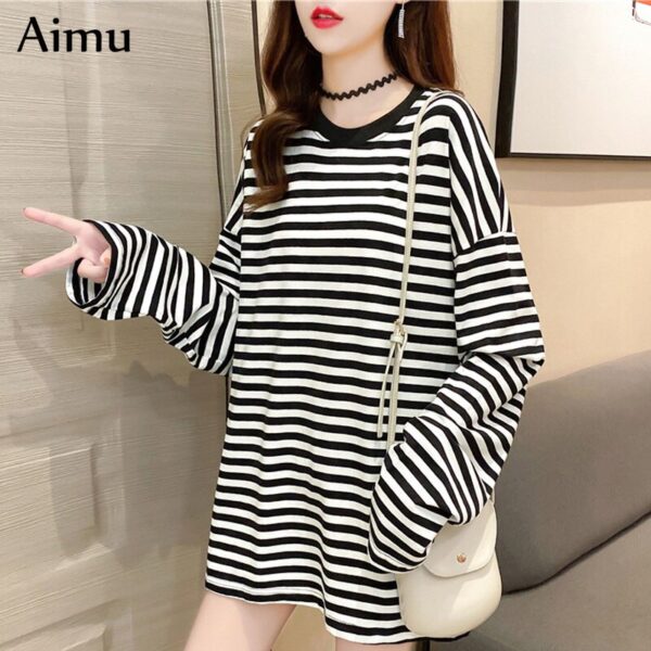 Herbst neue harajuku Gestreiften frau t-shirts Lange Hülse O-ansatz frauen T-Shirts Koreanische Beiläufige übergroßen T Shirt Top weibliche t-shirt