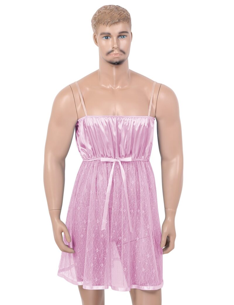 Herren Dessous Sissy Crossdresser Kleid Verstellbare Spaghetti Schulter Straps Satin Mieder Sehen Durch Schiere Spitzen Kleid Nachtwäsche – Bild 4