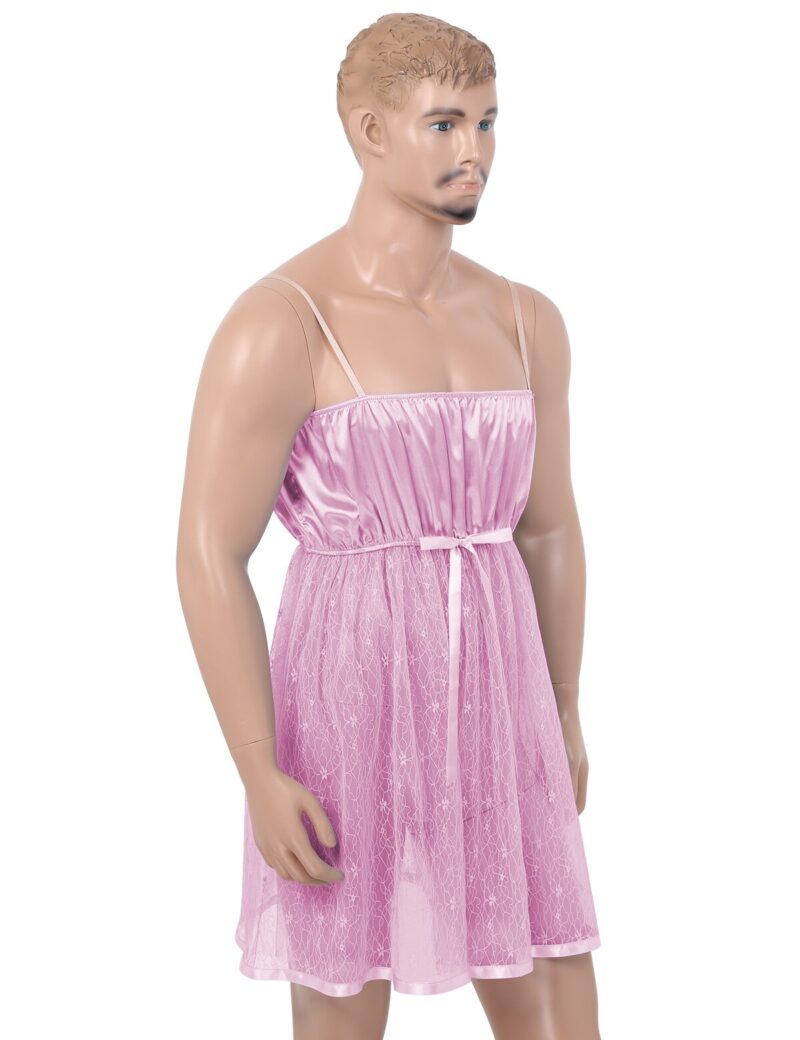 Herren Dessous Sissy Crossdresser Kleid Verstellbare Spaghetti Schulter Straps Satin Mieder Sehen Durch Schiere Spitzen Kleid Nachtwäsche – Bild 5