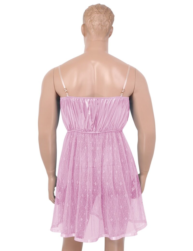 Herren Dessous Sissy Crossdresser Kleid Verstellbare Spaghetti Schulter Straps Satin Mieder Sehen Durch Schiere Spitzen Kleid Nachtwäsche – Bild 6