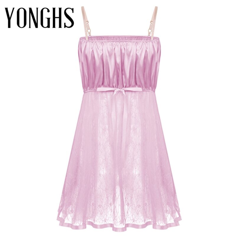 Herren Dessous Sissy Crossdresser Kleid Verstellbare Spaghetti Schulter Straps Satin Mieder Sehen Durch Schiere Spitzen Kleid Nachtwäsche