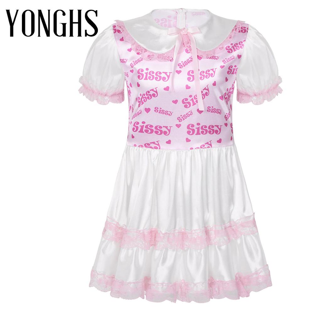 Herren Dessous Sissy Crossdressing Kleid Satin Puppe Kragen Gedruckt Mieder Spitze Rüschen Kleid Erwachsene Baby Kreuz Kommode Sex Kostüm