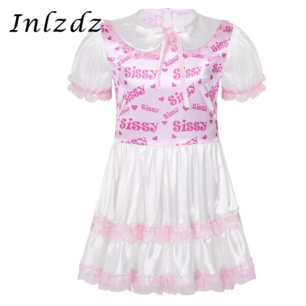 Herren Dessous Sissy Crossdressing Seidige Satin Puppe Kragen Mieder Spitze Getrimmt Rüschen Kleid Erwachsene Baby Kreuz Kommode Kostüm