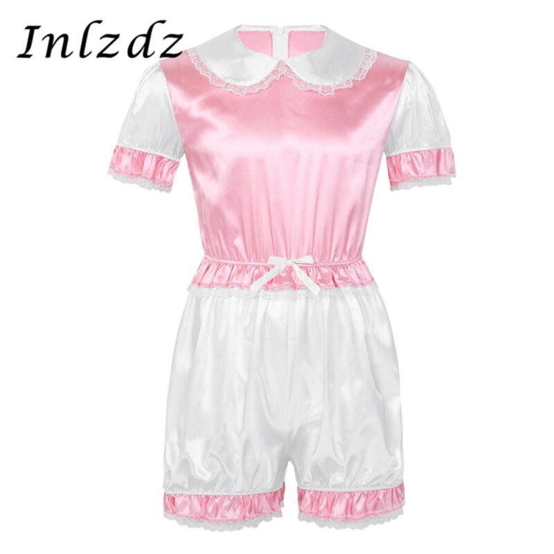 Herren Dessous Sissy für Crossdressing Strampler Seidige Satin Puppe Kragen Getrimmt Spitze Strampler Erwachsene Baby Erotische Kreuz Kommode Kostüm