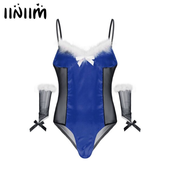 Herren Sissy Bekleidung Mesh Satin Patchwork Body Weihnachten Cosplay Kostüme Feder Trimmen Body Teddies mit Oversleeve