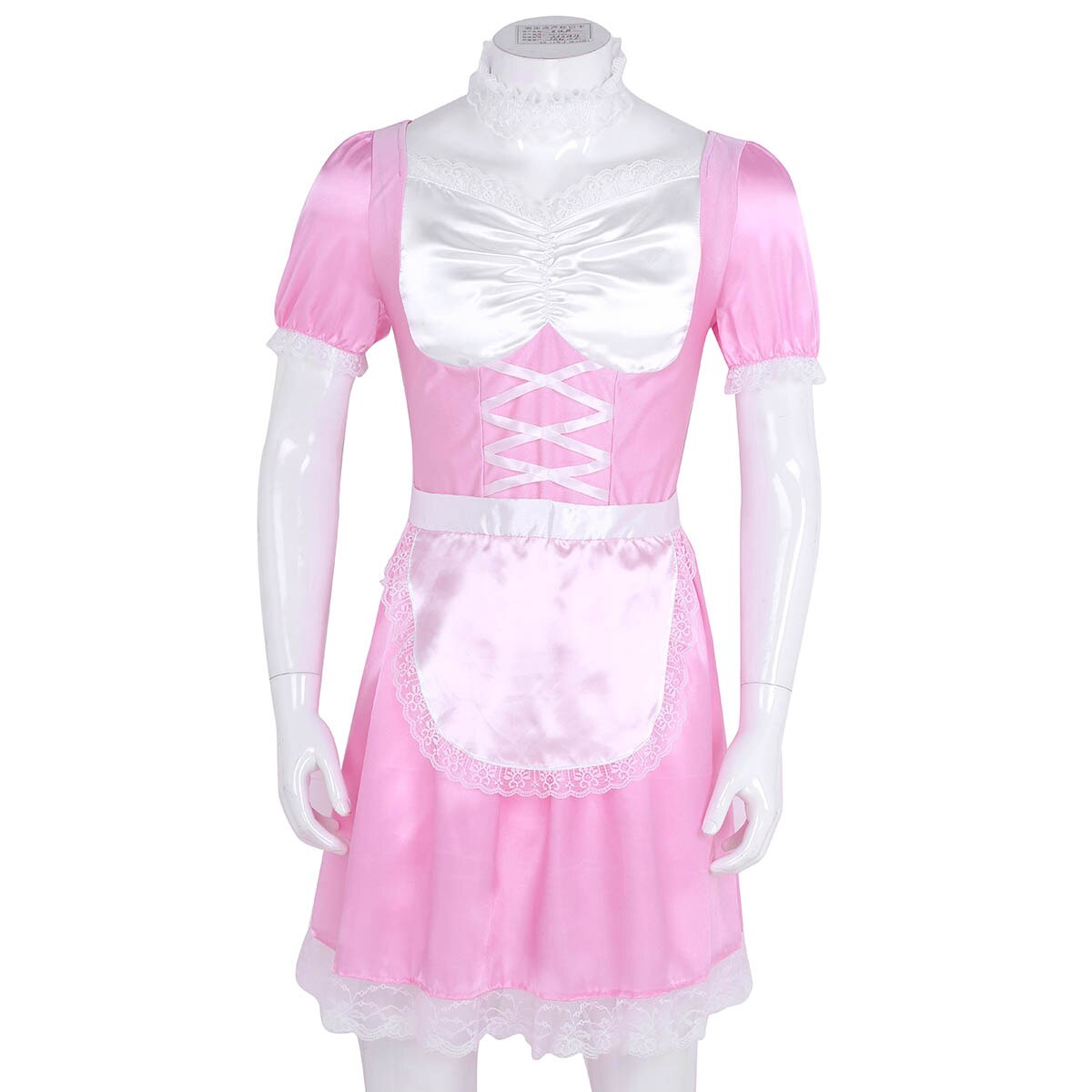 Herren Sissy Crossdress Maid Uniform Sexy Exotische Phantasie Kleid Kostüm Outfit Kurzarm Satin Kleid mit Halsband und Stirnband – Bild 2