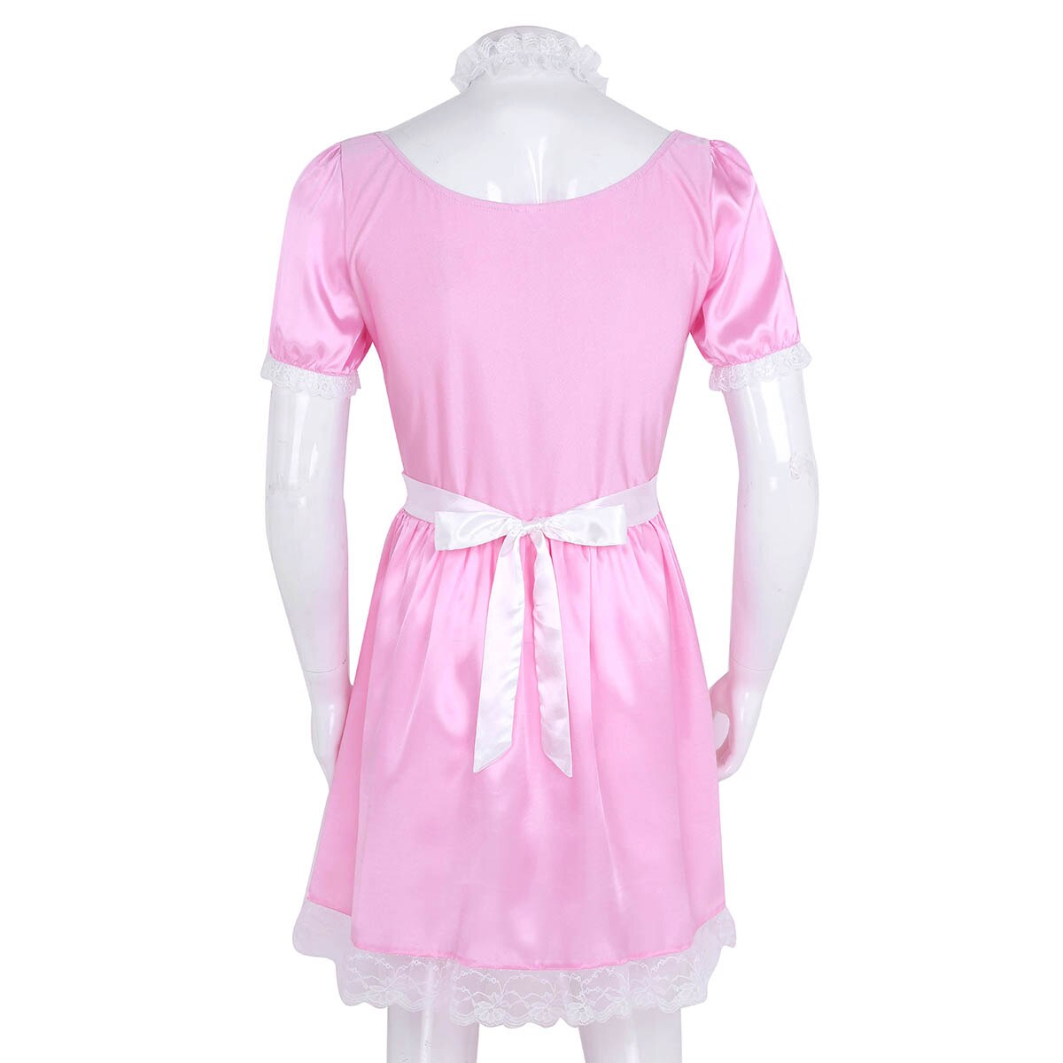 Herren Sissy Crossdress Maid Uniform Sexy Exotische Phantasie Kleid Kostüm Outfit Kurzarm Satin Kleid mit Halsband und Stirnband – Bild 3