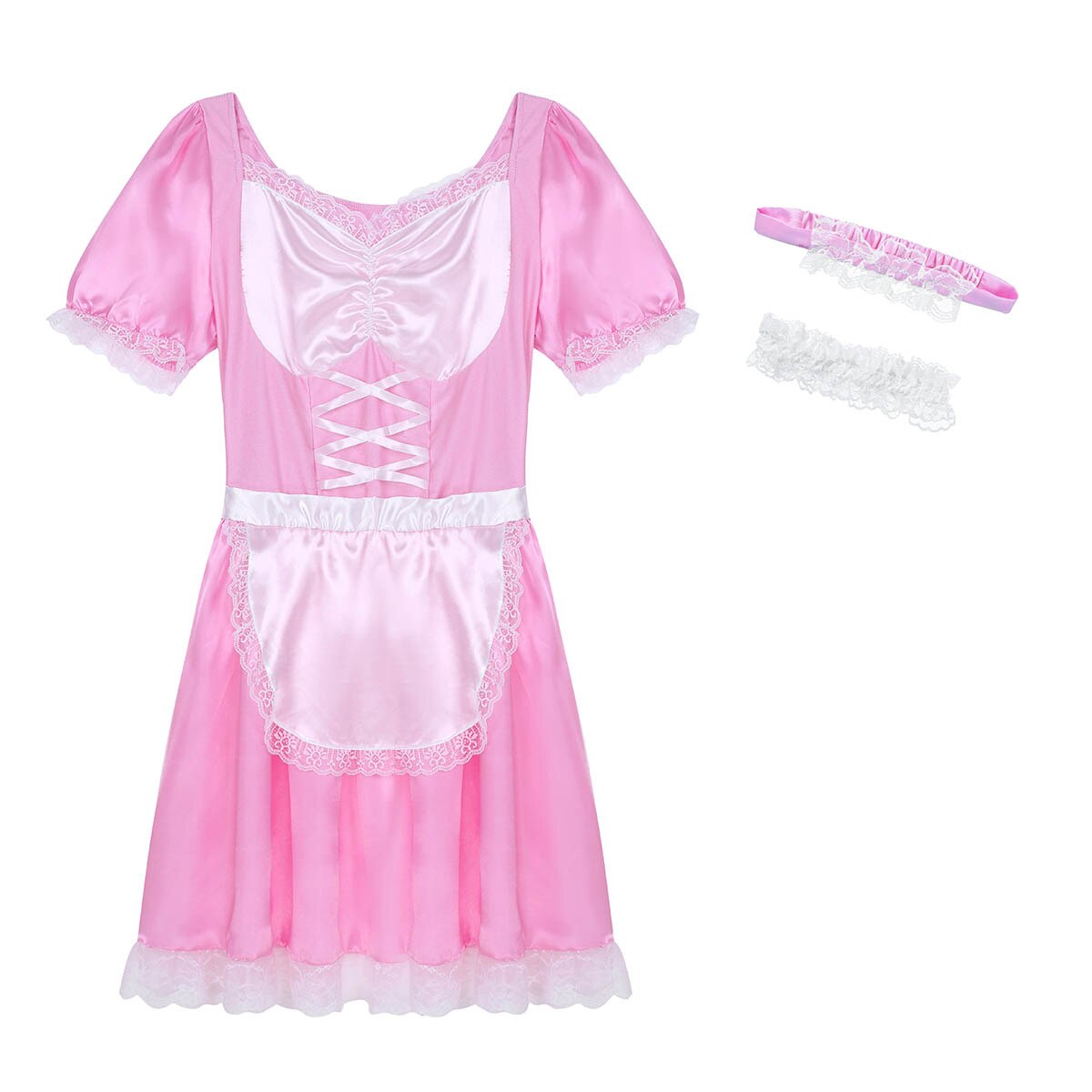 Herren Sissy Crossdress Maid Uniform Sexy Exotische Phantasie Kleid Kostüm Outfit Kurzarm Satin Kleid mit Halsband und Stirnband – Bild 4