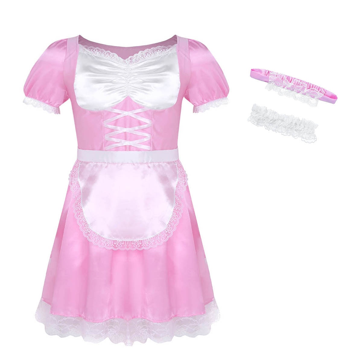 Herren Sissy Crossdress Maid Uniform Sexy Exotische Phantasie Kleid Kostüm Outfit Kurzarm Satin Kleid mit Halsband und Stirnband