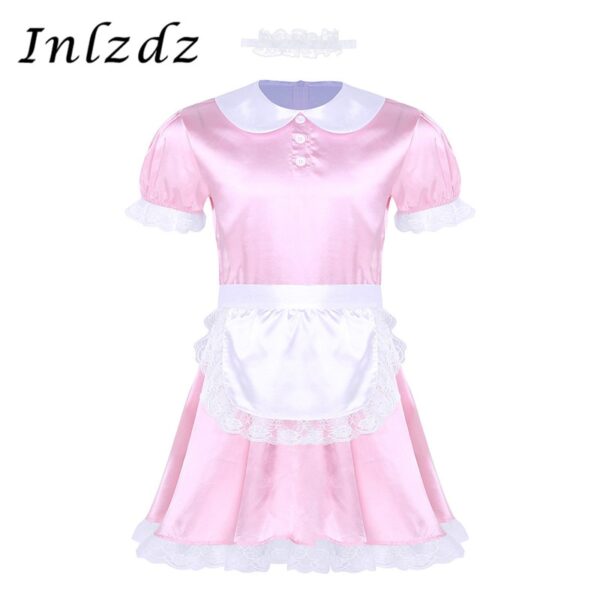 Herren Sissy Crossdresser Kleid Maid Kleid Uniform Anzug Phantasie Cospaly Kostüm Puppe Neck Satin Kleid Exotische Sissy Dessous Kleid