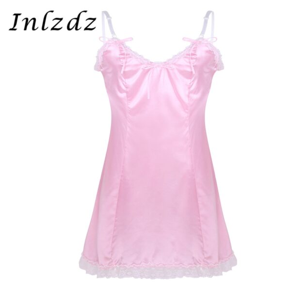 Herren Sissy Crossdresser Satin Kleid V-ausschnitt Low Back Exotische Sex Kostüm Phantasie Vintage Slip Dessous Sissy Crossdressing Kleid