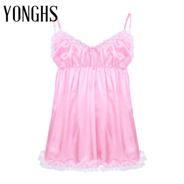 Herren Sissy Dessous Crossdresser Satin Kleid Verstellbare Spaghetti Schulter Riemen Rüschen Gekräuselten Spitze Saum Sexy Kleid Nachtwäsche