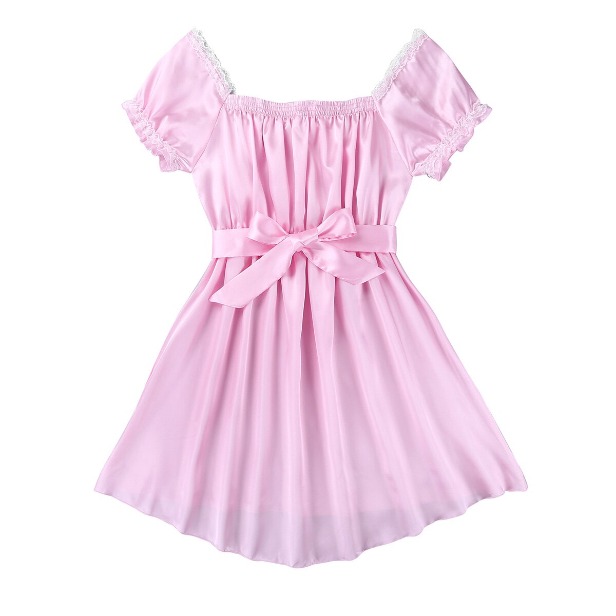 Herren Sissy Dessous Kleid Set Nachtwäsche Kurzarm Quadratischen Ausschnitt Glänzenden Weichen Satin High Low Design Crossdress Schärpe Unterwäsche – Bild 4