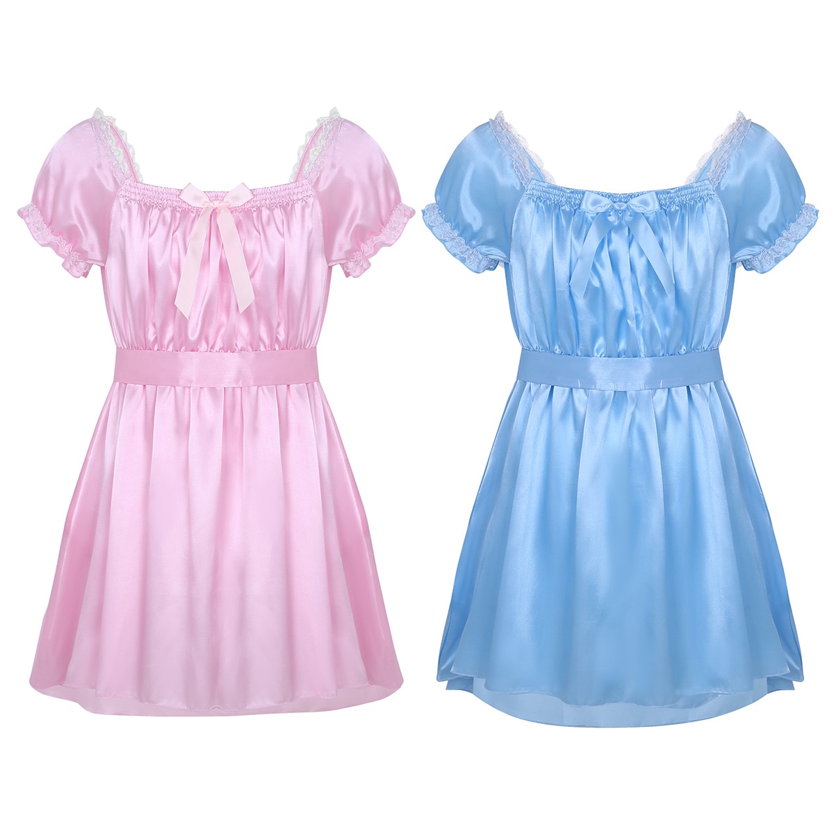 Herren Sissy Dessous Kleid Set Nachtwäsche Kurzarm Quadratischen Ausschnitt Glänzenden Weichen Satin High Low Design Crossdress Schärpe Unterwäsche