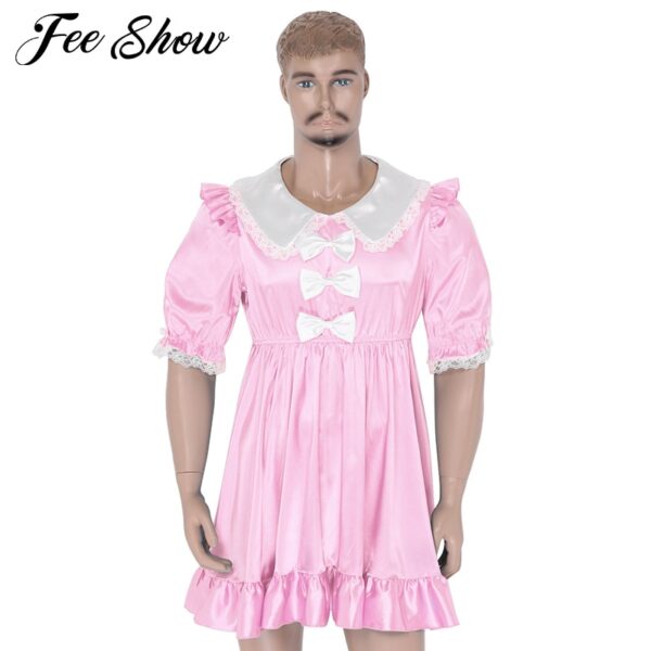 Herren Sissy Dessous Sissy Kleid Weiche Satin High Low Crossdress Dessous Kleid mit Schärpe Nachtwäsche Homosexuell Unterwäsche für Party Tragen