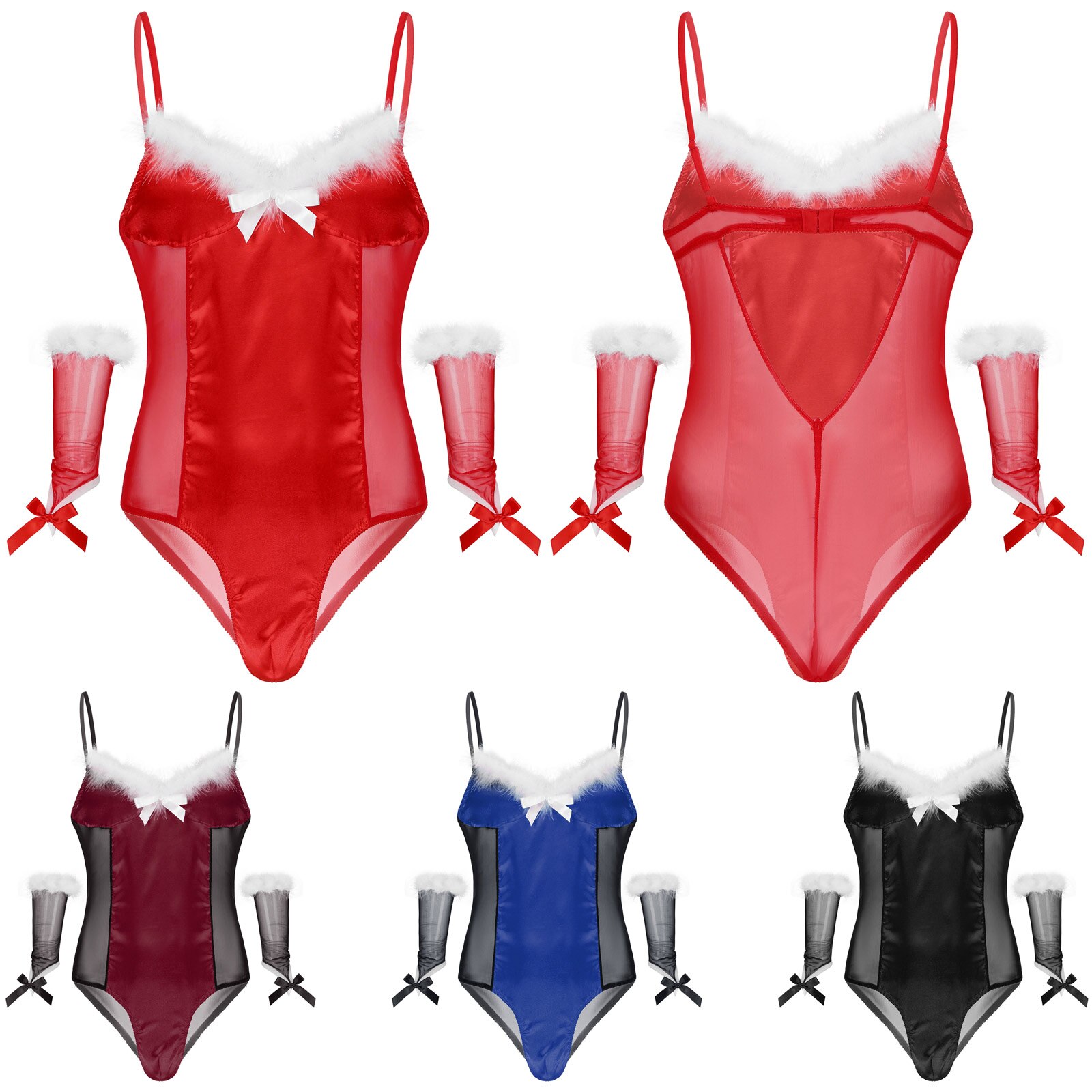 Herren Sissy Dessous Teddies Mesh Satin Patchwork Body Cosplay Kostüme Feder Trimmen Exotische Body mit Oversleeve – Bild 2