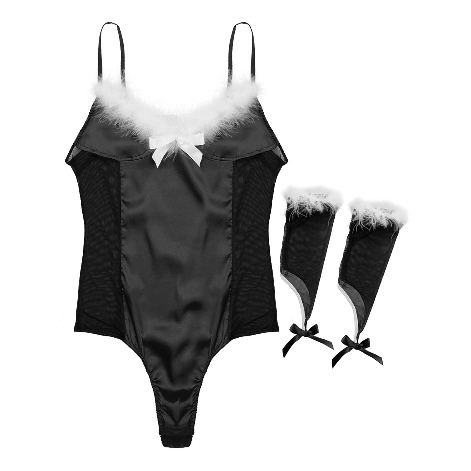 Herren Sissy Dessous Teddies Mesh Satin Patchwork Body Cosplay Kostüme Feder Trimmen Exotische Body mit Oversleeve – Bild 3