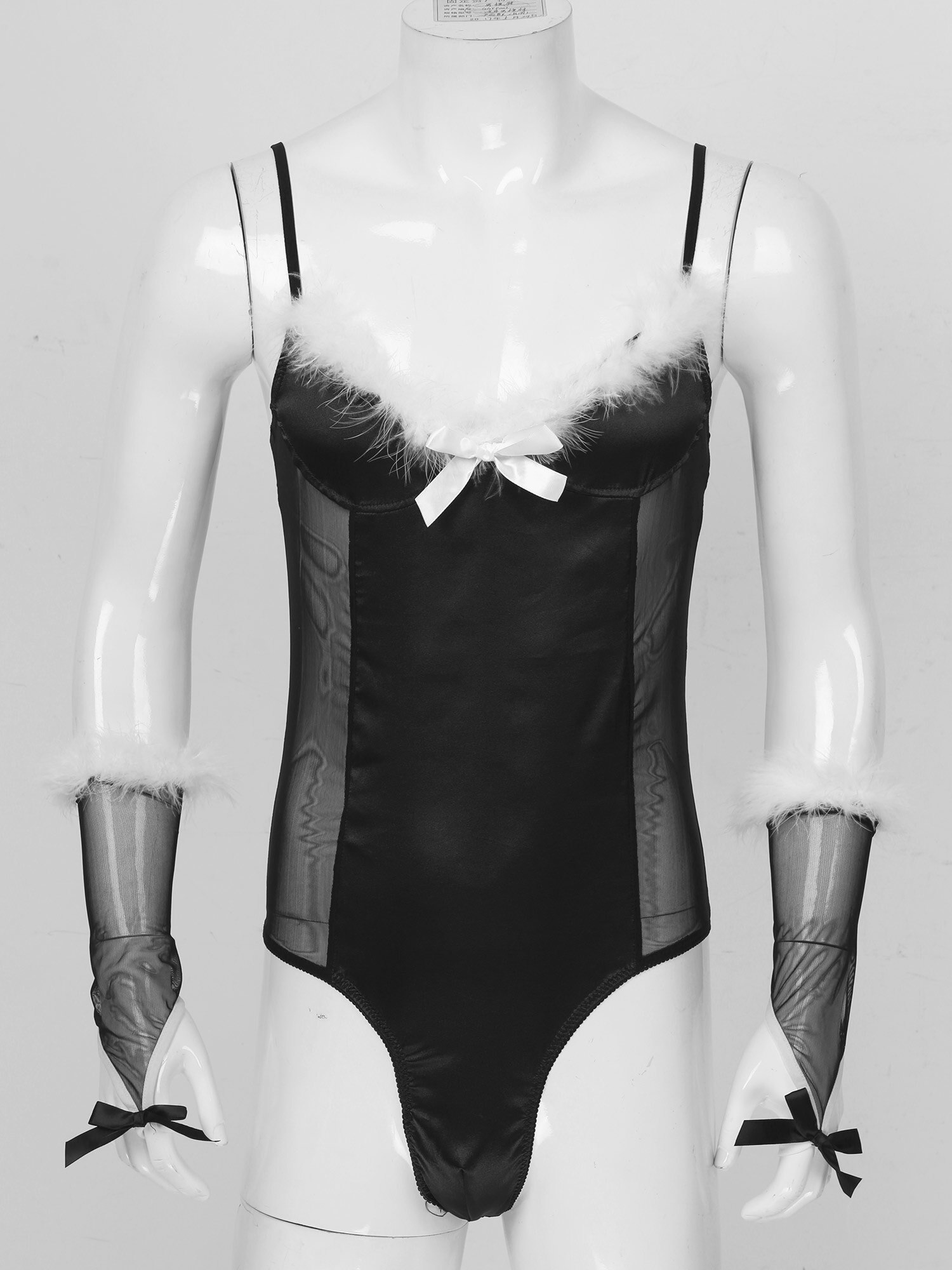 Herren Sissy Dessous Teddies Mesh Satin Patchwork Body Cosplay Kostüme Feder Trimmen Exotische Body mit Oversleeve – Bild 5