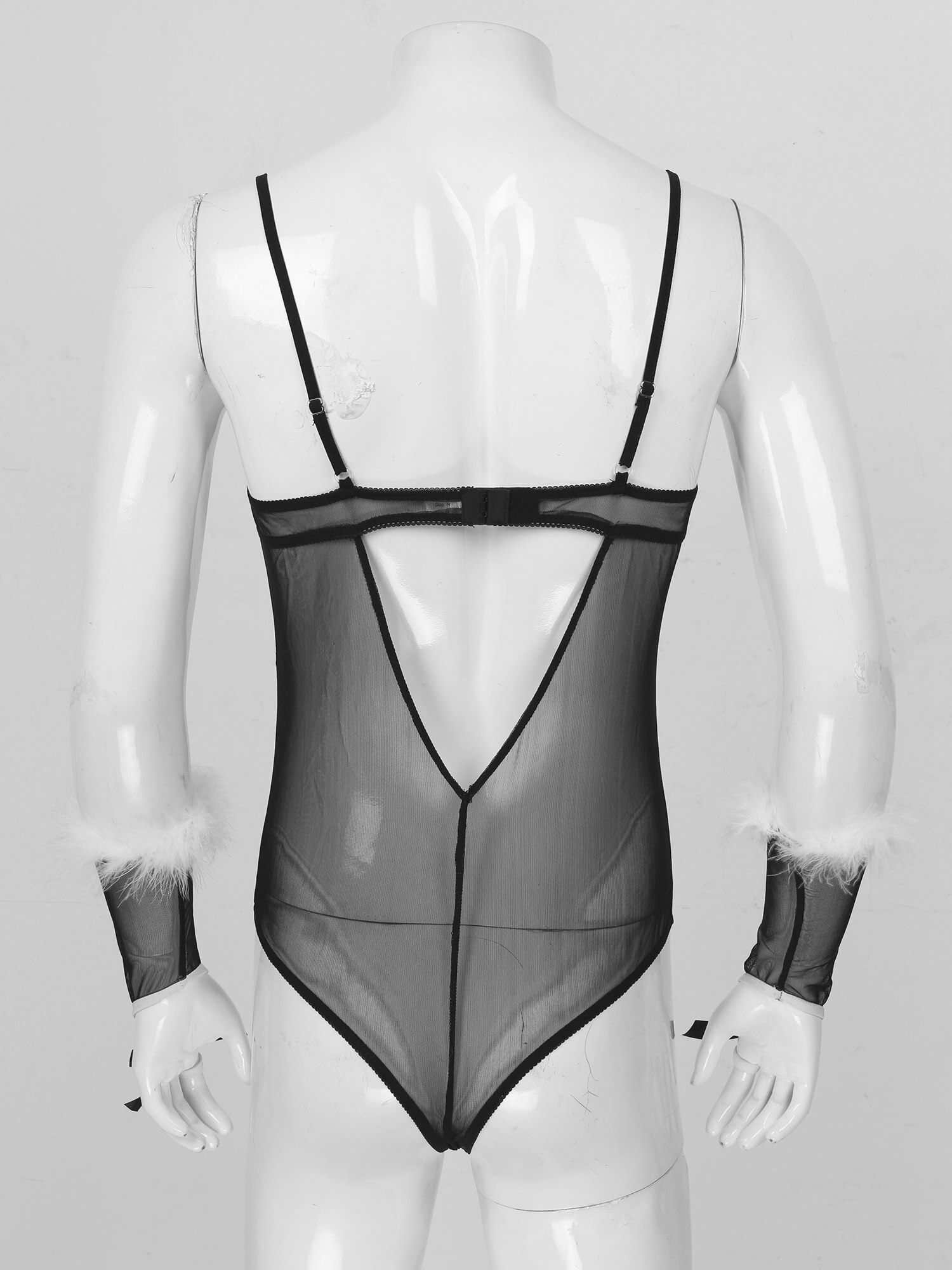 Herren Sissy Dessous Teddies Mesh Satin Patchwork Body Cosplay Kostüme Feder Trimmen Exotische Body mit Oversleeve – Bild 6