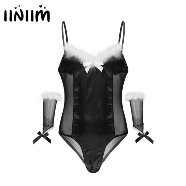 Herren Sissy Dessous Teddies Mesh Satin Patchwork Body Cosplay Kostüme Feder Trimmen Exotische Body mit Oversleeve