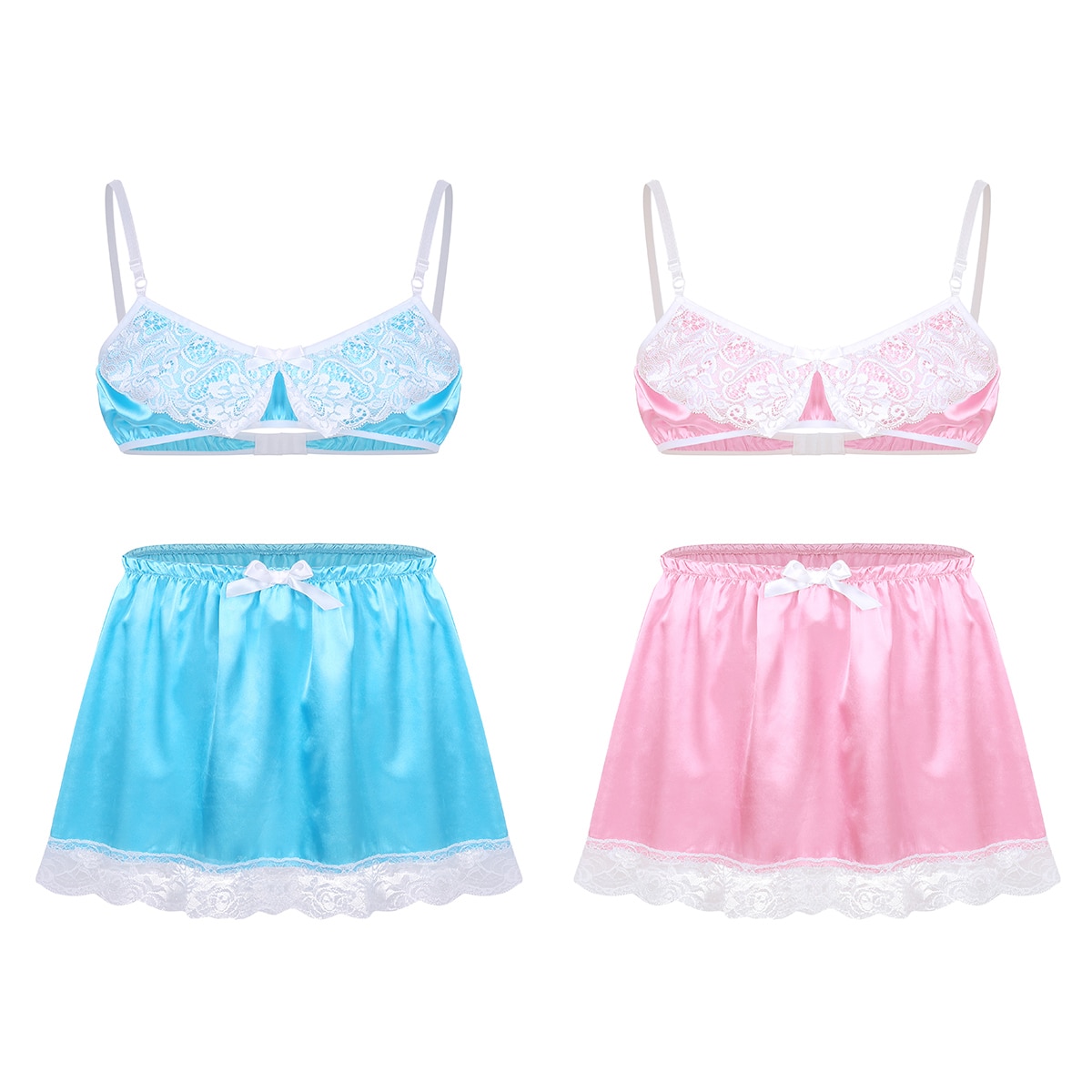 Herren Sissy Spitze Dessous Set Einstellbare Spaghetti-trägern Wetlook Satin Bh Mini Sexy Rock Hot Erotische Homosexuell Crossdresser Nachtwäsche – Bild 2