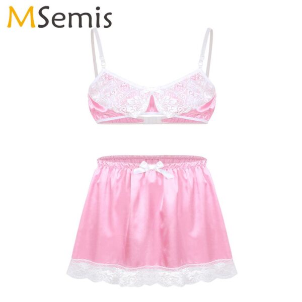 Herren Sissy Spitze Dessous Set Einstellbare Spaghetti-trägern Wetlook Satin Bh Mini Sexy Rock Hot Erotische Homosexuell Crossdresser Nachtwäsche