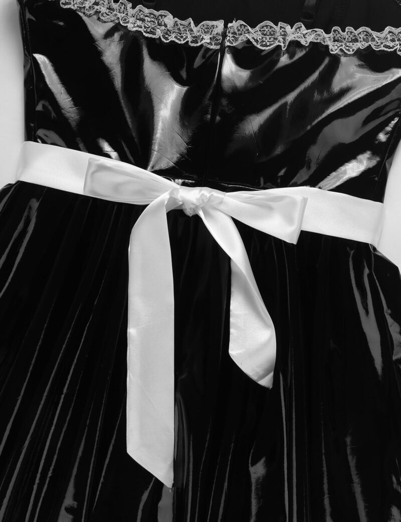 Iefiel Frauen Halloween Cosplay Maid Latex Kleid Phantasie Kostüm Sissy Outfit Wet Look Patent Leder Crossdresser Kleid mit Schürze – Bild 6