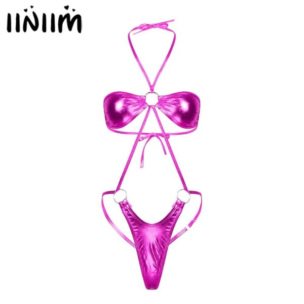 Iiniim Frauen Femme Latex Shiny Metallic Dessous Teddies Backless Schleuder Mini Trikini Tanga Body Sissy Clubwear