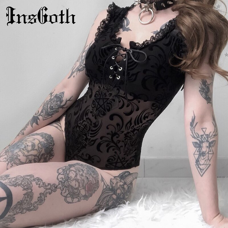 InsGoth Sexy Spitze Bodycon Bodysuit Frauen Gothic Streetwear Mesh Aushöhlen Patchwork Sleeveless Bodysuit Weibliche Schwarz Körper Party – Bild 2