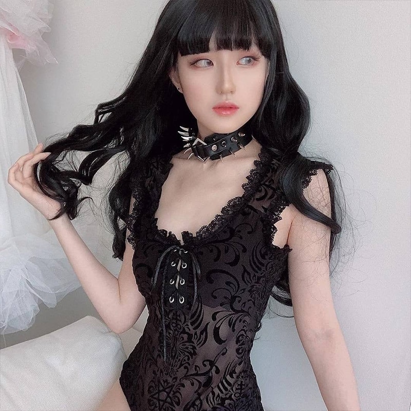 InsGoth Sexy Spitze Bodycon Bodysuit Frauen Gothic Streetwear Mesh Aushöhlen Patchwork Sleeveless Bodysuit Weibliche Schwarz Körper Party