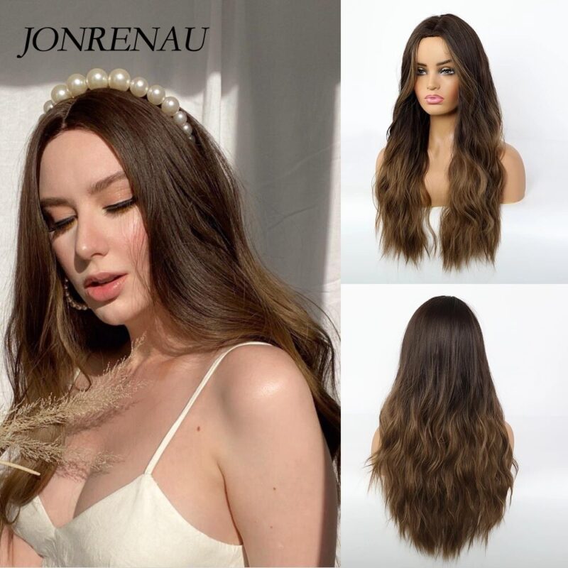 JONRENAU 24 Zoll Lange Synthetische Natürliche Welle Braun Ombre Haar Perücken Hitze Beständig Haar Perücken für Schwarze Frauen – Bild 2