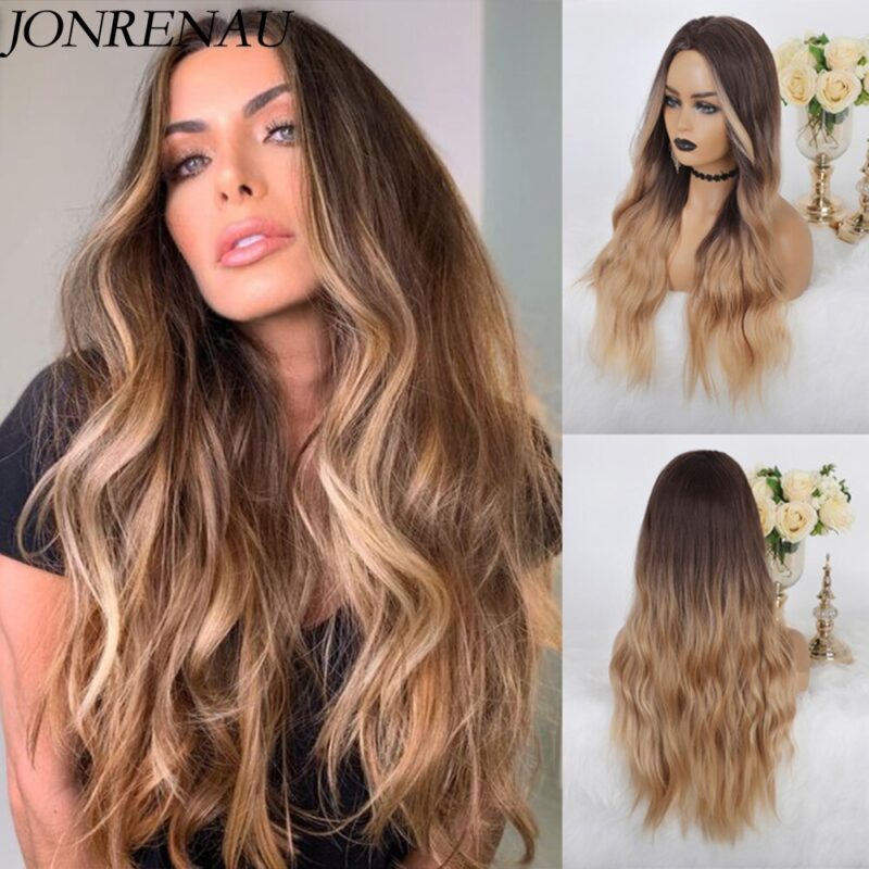 JONRENAU 24 Zoll Lange Synthetische Natürliche Welle Braun Ombre Haar Perücken Hitze Beständig Haar Perücken für Schwarze Frauen – Bild 5