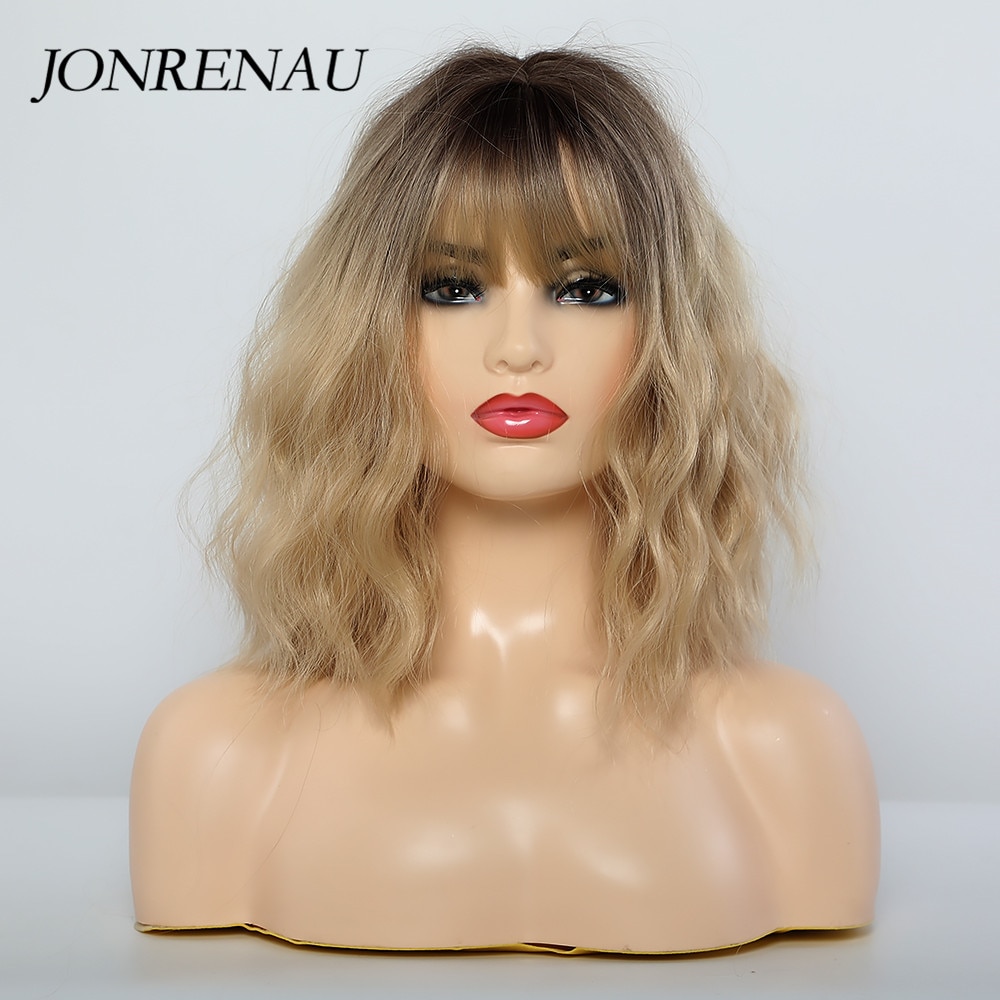 JONRENAU Synthetische Perücken Dunkle Wurzel Ombre Blonde Farbe Nahen Länge Wasser Welle Haar Perücken mit Pony für Weiß Schwarz Frauen – Bild 4