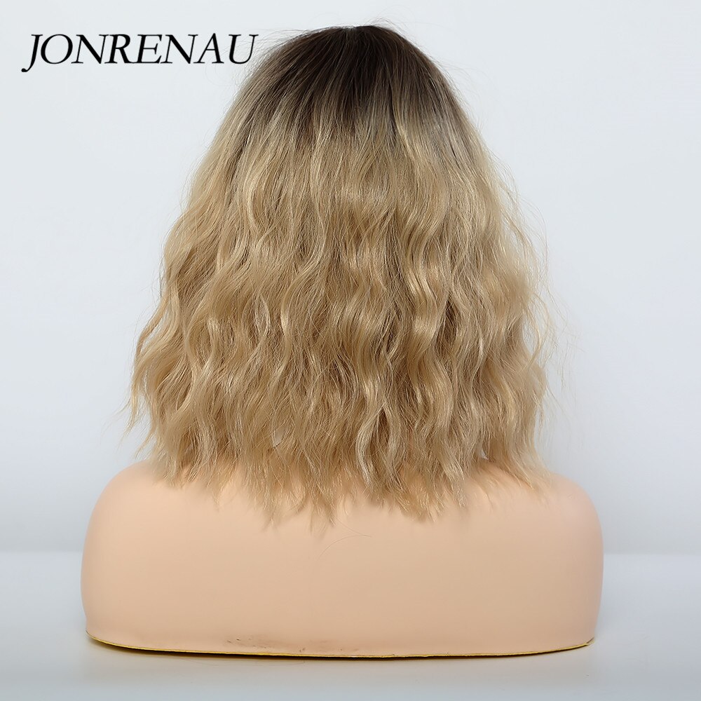 JONRENAU Synthetische Perücken Dunkle Wurzel Ombre Blonde Farbe Nahen Länge Wasser Welle Haar Perücken mit Pony für Weiß Schwarz Frauen – Bild 5