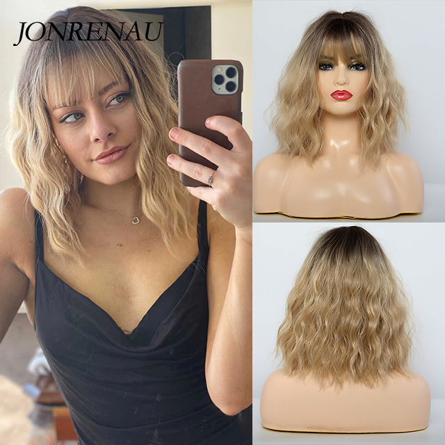 JONRENAU Synthetische Perücken Dunkle Wurzel Ombre Blonde Farbe Nahen Länge Wasser Welle Haar Perücken mit Pony für Weiß Schwarz Frauen