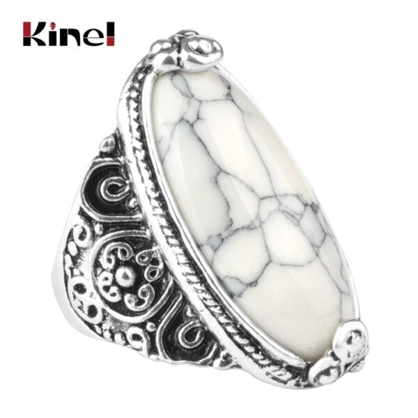 Kinel Blume Band Oval Natürliche Stein Ringe Für Frauen Vintage Look Antike Tibetischen Silber 5 Farben Mode Retro Schmuck