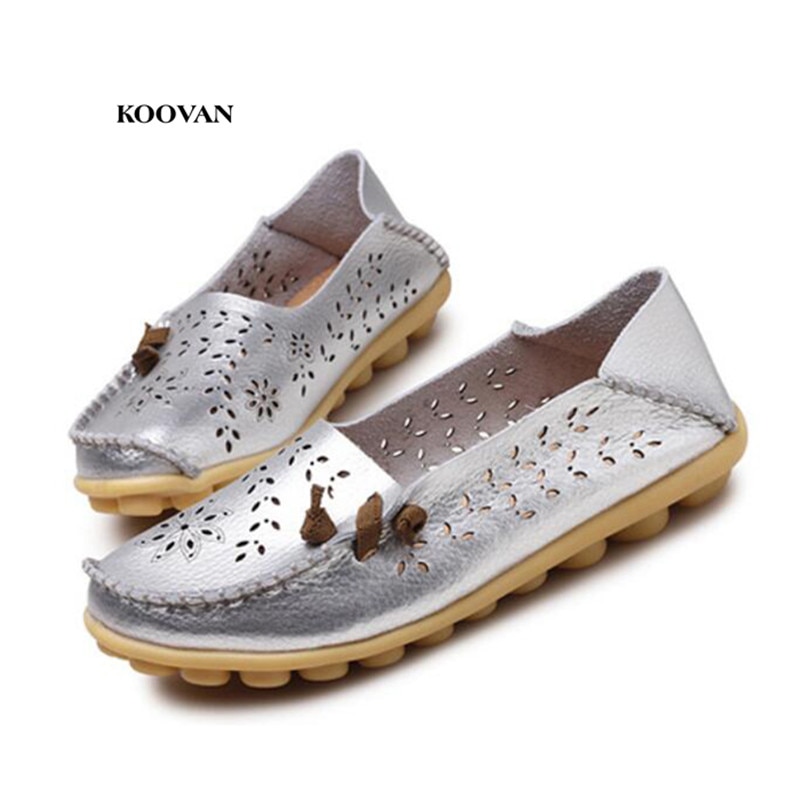 Koovan Women's Casual Shoes 2020 Real Leather Mother Flats Bean Women Nurse Shoes Tendon Size 43 44 Hollow Shoes For Mother