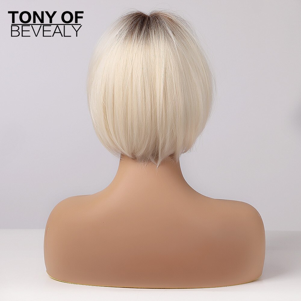 Kurze Gerade Ombre Licht Blonde Synthetische Perücken Mit Pony für Frauen bob Frisur Cosplay Hitze Beständig Natürliche Haar Perücken – Bild 6