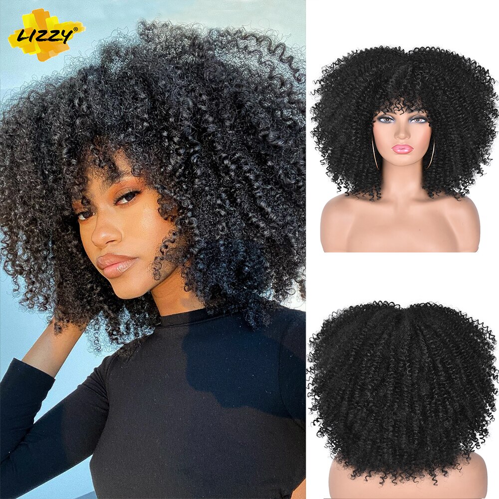 Kurze Haar Afro Verworrene Lockige Perücken Mit Pony Für Schwarze Frauen African Synthetische Omber Glueless Cosplay Perücken Hohe Temperatur Lizzy – Bild 2