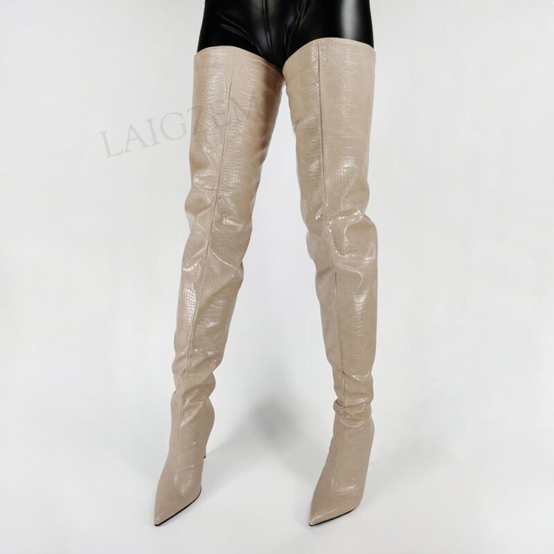 LAIGZEM Frauen Gabelung Hohe Stiefel Zurück Zip Thin Stiletto High Heels Stiefel Über Knie Party Prom Schuhe Frau Große Größe 41 44 46 47 – Bild 2