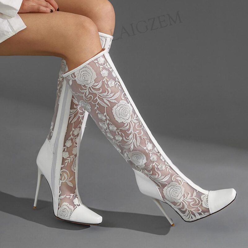 LAIGZEM Frauen Kniehohe Stiefel Foral Seite Zip Stiletto High Heels Stiefel Platchwork Hoch Partei Schuhe Hochzeit Große Größe 38 44 45 48 – Bild 2