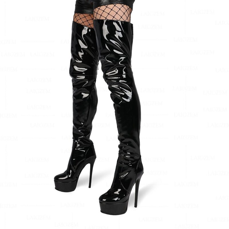 LAIGZEM Frauen Oberschenkel Hohe Plattform Stiefel Zurück Zip Stiletto High Heels Stiefel Über Knie Party Schuhe Frau Große Größe 41 42 43 44 45 – Bild 2