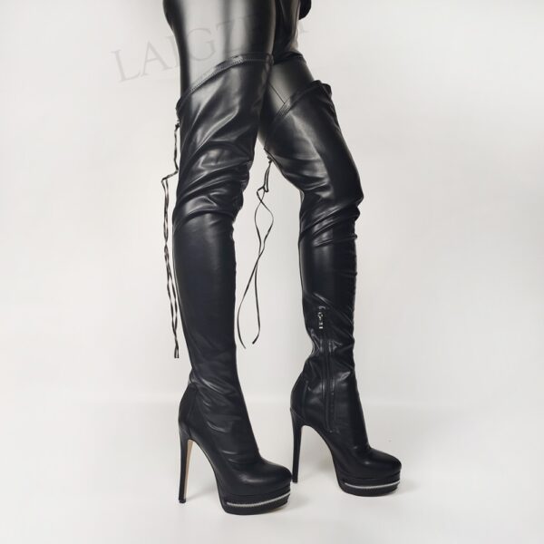 LAIGZEM Frauen Oberschenkel Hohe Plattform Stiefel Zurück Zip Stiletto Hochhackigen Über Knie Stiefel Schuhe Frau Zapato Große Größe 44 45 46 47 52