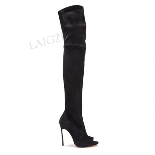 LAIGZEM Frauen Oberschenkel Hohe Stiefel Seite Zip Faux Wildleder Metall High Heels Stiefel Über Knie Damen Peep Toe Schuhe Frau größe 39 42 44 45
