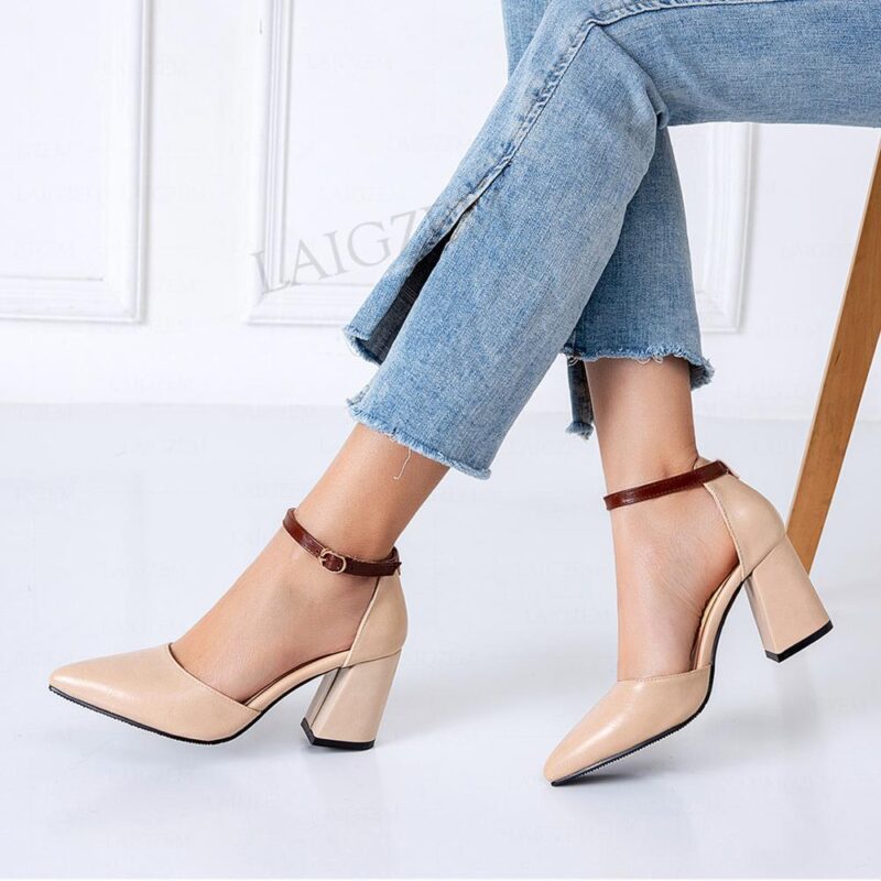 LAIGZEM Frauen Pumpen Spitzen Zehe Block Dicken Heels Sandalen Ankle Strap Faux Leder Sommer 2021 Schuhe Frau Große Größe 33 41 44 46 – Bild 4