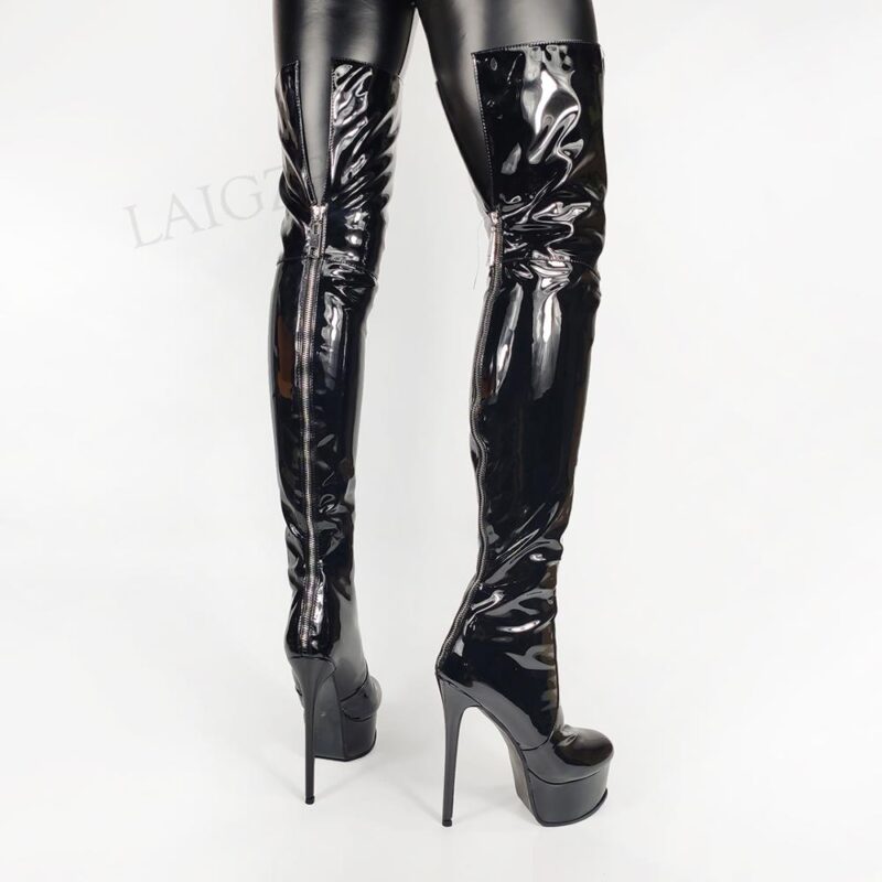 LAIGZEM Frauen Über Knie Plattform Stiefel Schwarz Patent High Heels Zurück Zip Weibliche Party Club Schuhe Frau Große Größe 38 40 42 44 45 – Bild 2