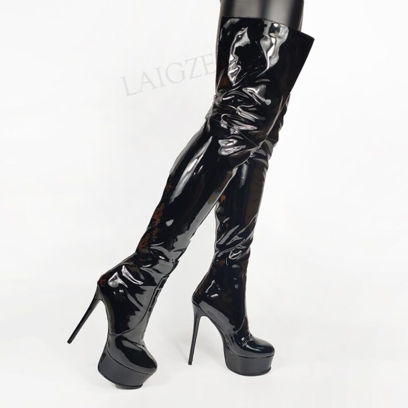 LAIGZEM Frauen Über Knie Plattform Stiefel Schwarz Patent High Heels Zurück Zip Weibliche Party Club Schuhe Frau Große Größe 38 40 42 44 45 – Bild 3